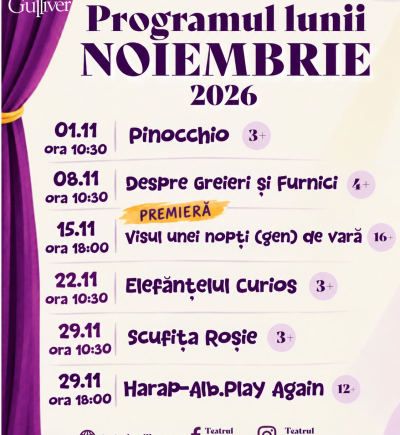 Teatrul “Gulliver” anunță o premieră și programul spectacolelor din noiembrie 2026